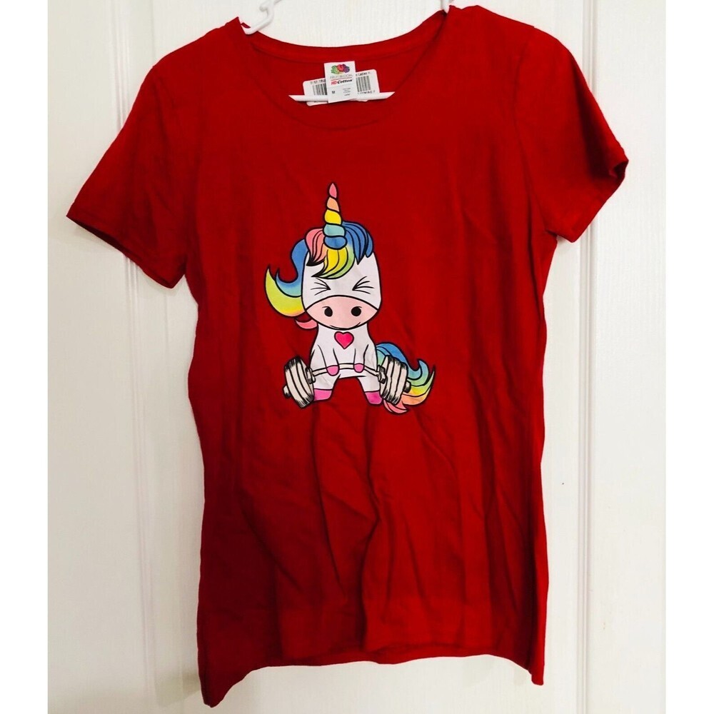 Fruit of the Floom Women's T-Shirt Unicorn Cotton Short Sleeve Red Size Medium‎